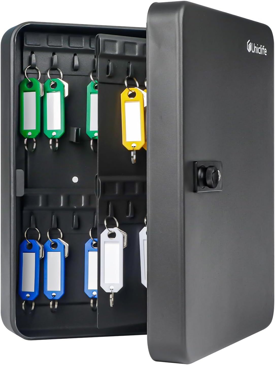 Uniclife 28 Position Key Cabinet with Combination Lock Resettable Black Digital Security Storage Box Steel Key Organizer with Colorful Key Tag Labels Stickers and Hooks