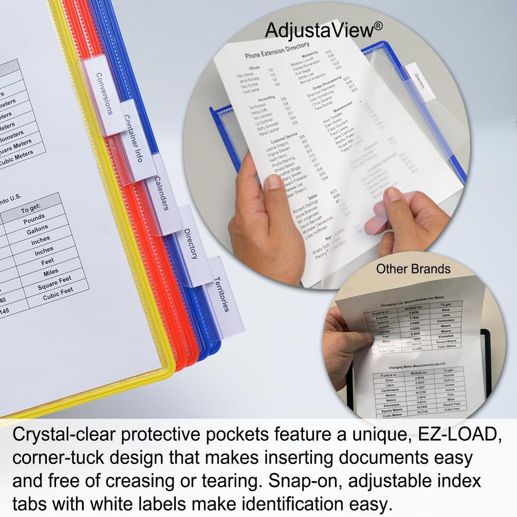 Ultimate Office AdjustaView 10-Pocket Desk Reference Organizer with Supplies Storage Base and EZ-Load Pockets to Hold 20 Sheets of Paper, Includes Fast Find Indexing Tabs (Colored Pockets)