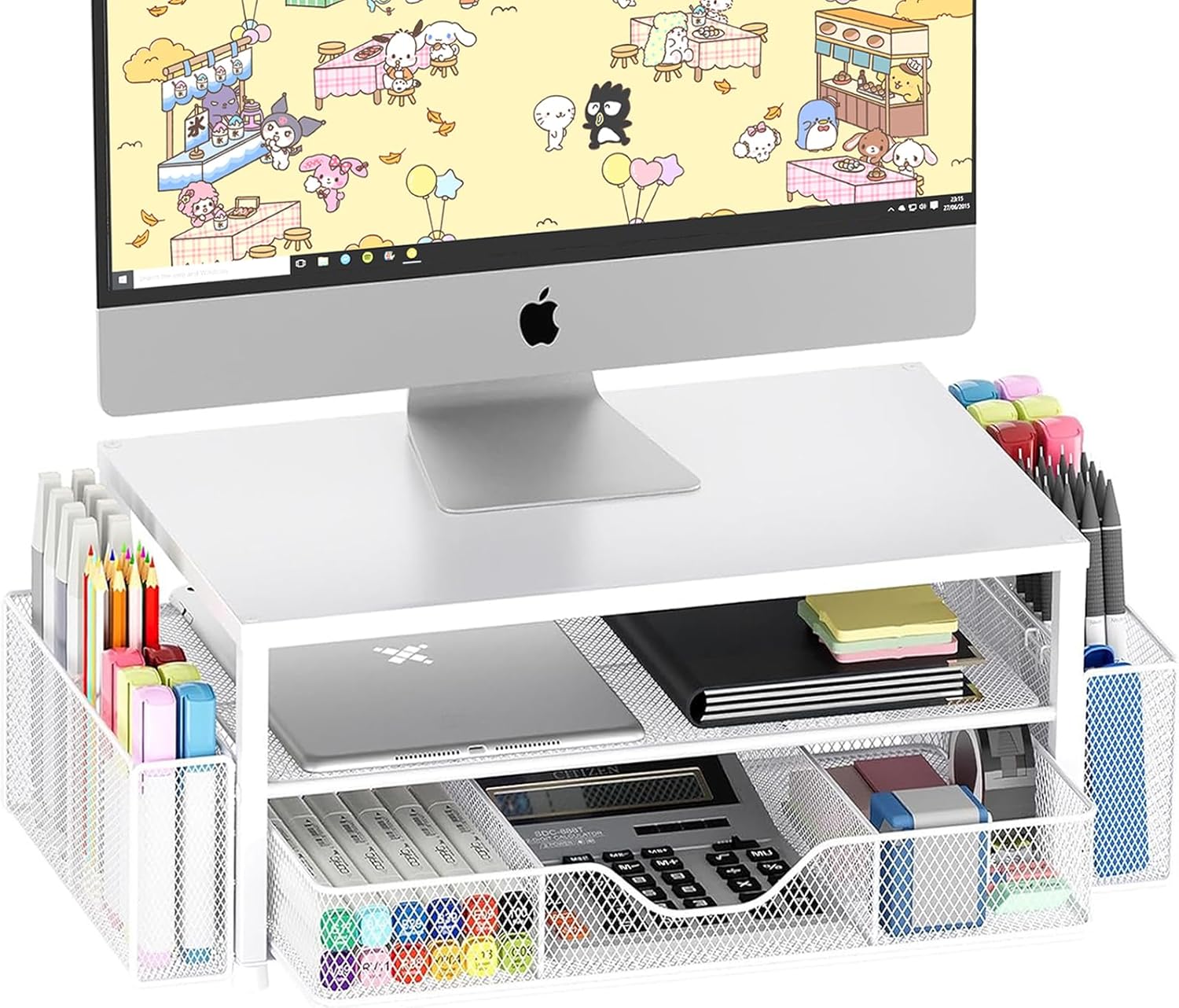 OPNICE Desk Organizer and Accessories, 2-Tier Computer Monitor Stand Riser with Drawer and 2 Pen Holders, Laptop Stand, Office Desk Accessories for Office Supplies, Black 2-Pack