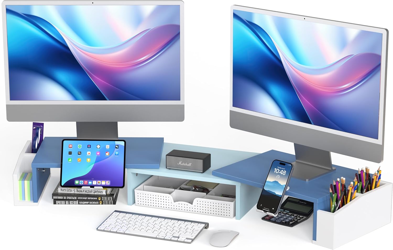 Simple Houseware Desk Dual Monitor Stand Riser with Drawer, White