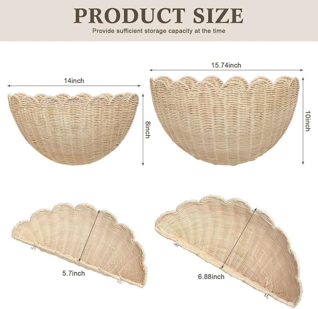 2 Pack Scalloped Wall Baskets Hanging Baskets Large and Small Decorative Woven Storage Holder for Home, Bathroom, Wall Hanging Baskets 16 x 10 x7 and 14 x 8 x 6 Inch (Natural Rattan)
