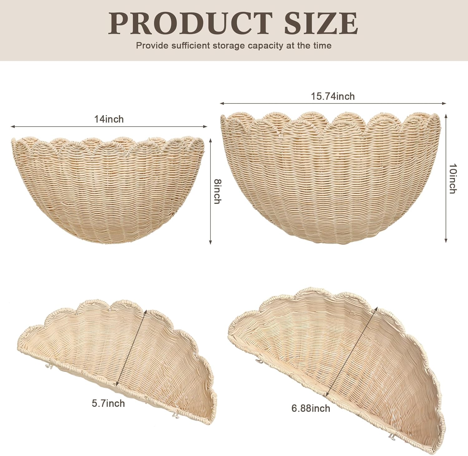 2 Pack Scalloped Wall Baskets Hanging Baskets Large and Small Decorative Woven Storage Holder for Home, Bathroom, Wall Hanging Baskets 16 x 10 x7 and 14 x 8 x 6 Inch (Natural Rattan)