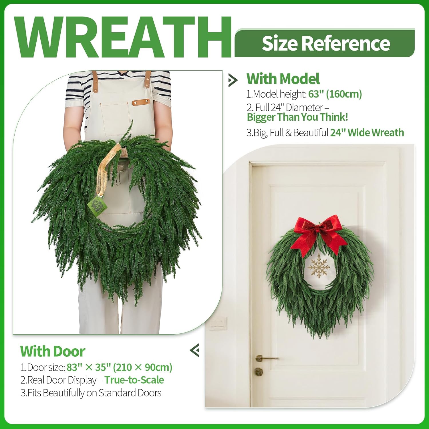 24" Norfolk Pine Christmas Wreath for Front Door – Large Artificial Greenery Wreath for Wall, Porch, or Indoor Outdoor Holiday Decor – Real Touch Pine Foliage (1, 24")