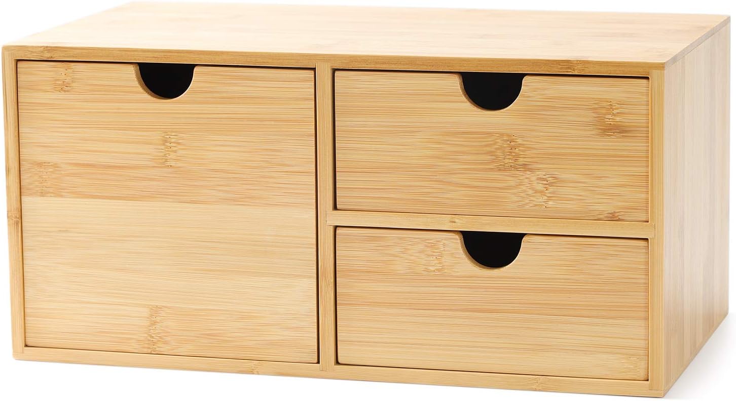 Wisuce Bamboo Desk Organizer, Mini Desktop Drawer Tabletop Storage Organization Box for Office Home Toiletries Supplies Vanity, No Assembly Required (3 Drawer with Shelf)