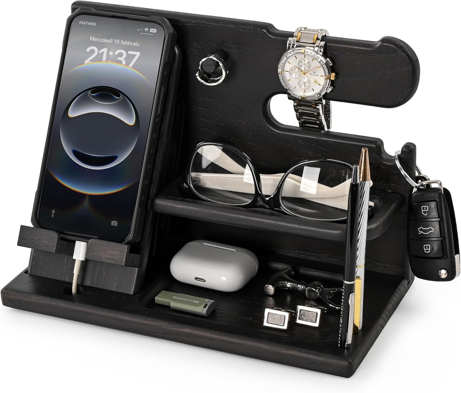 TESLYAR Wood Phone Docking Station for Men - Desk or Nightstand Organizer - Birthday Gifts for Husband, Dad - Anniversary Idea from Wife - Key Holder, Stand Wallet, Watch & Essentials (Bourbon Brown)