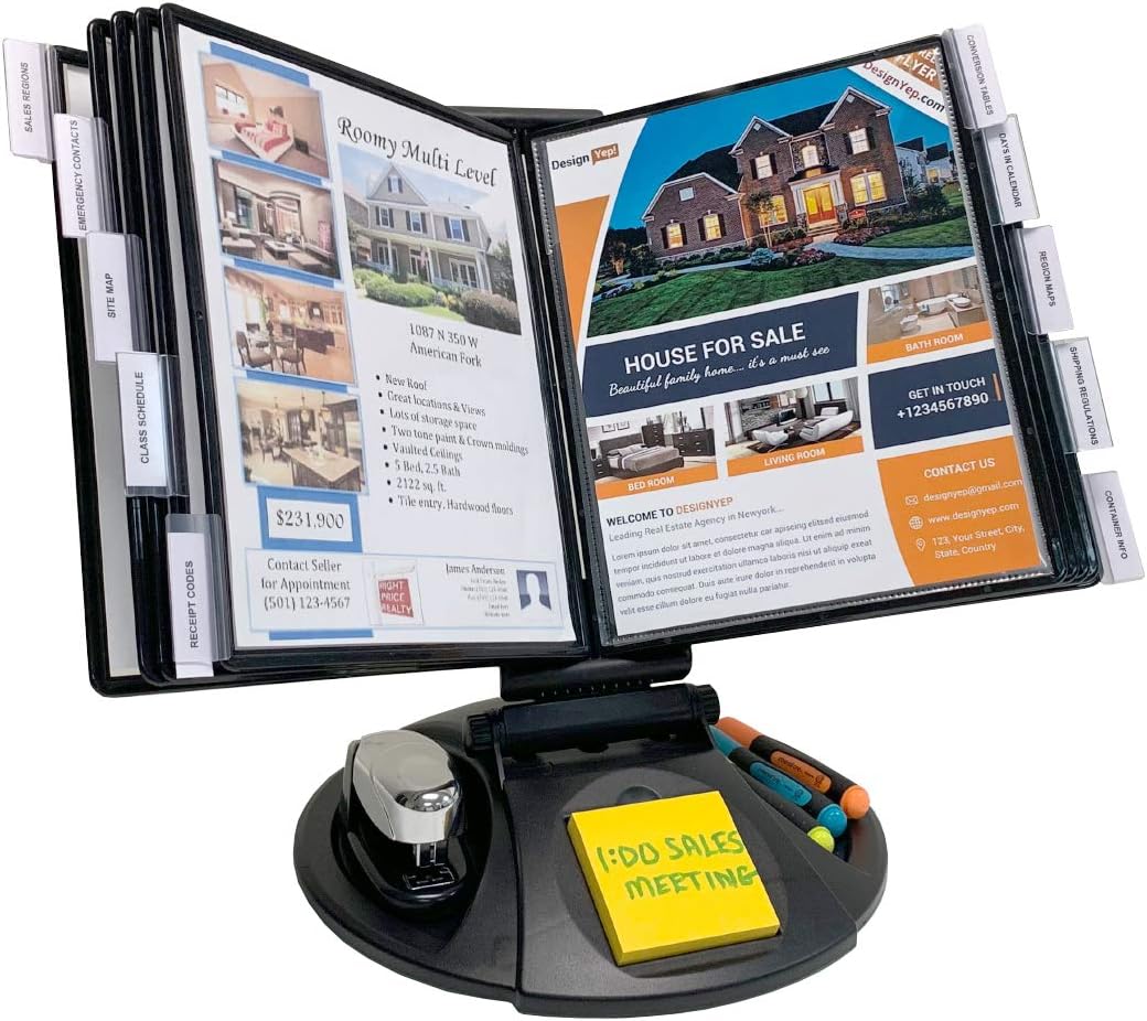 Ultimate Office AdjustaView 10-Pocket Desk Reference Organizer with Supplies Storage Base and EZ-Load Pockets to Hold 20 Sheets of Paper, Includes Fast Find Indexing Tabs (Colored Pockets)