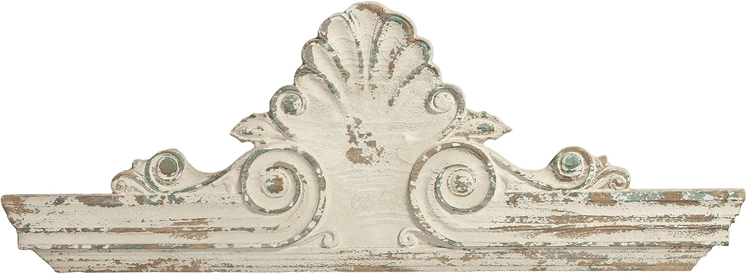 SOFE 33" Distressed White Finish Wooden Scroll Over The Door Decor, Large Decorative Wall Sculpture, Carved Wood Wall Art Hanging Window, Unique Wall Decor for Farmhouse Living Room Kitchen
