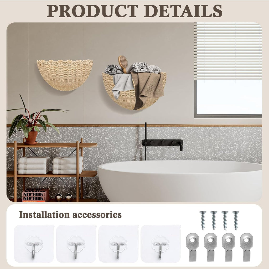 2 Pack Scalloped Wall Baskets Hanging Baskets Large and Small Decorative Woven Storage Holder for Home, Bathroom, Wall Hanging Baskets 16 x 10 x7 and 14 x 8 x 6 Inch (Natural Rattan)