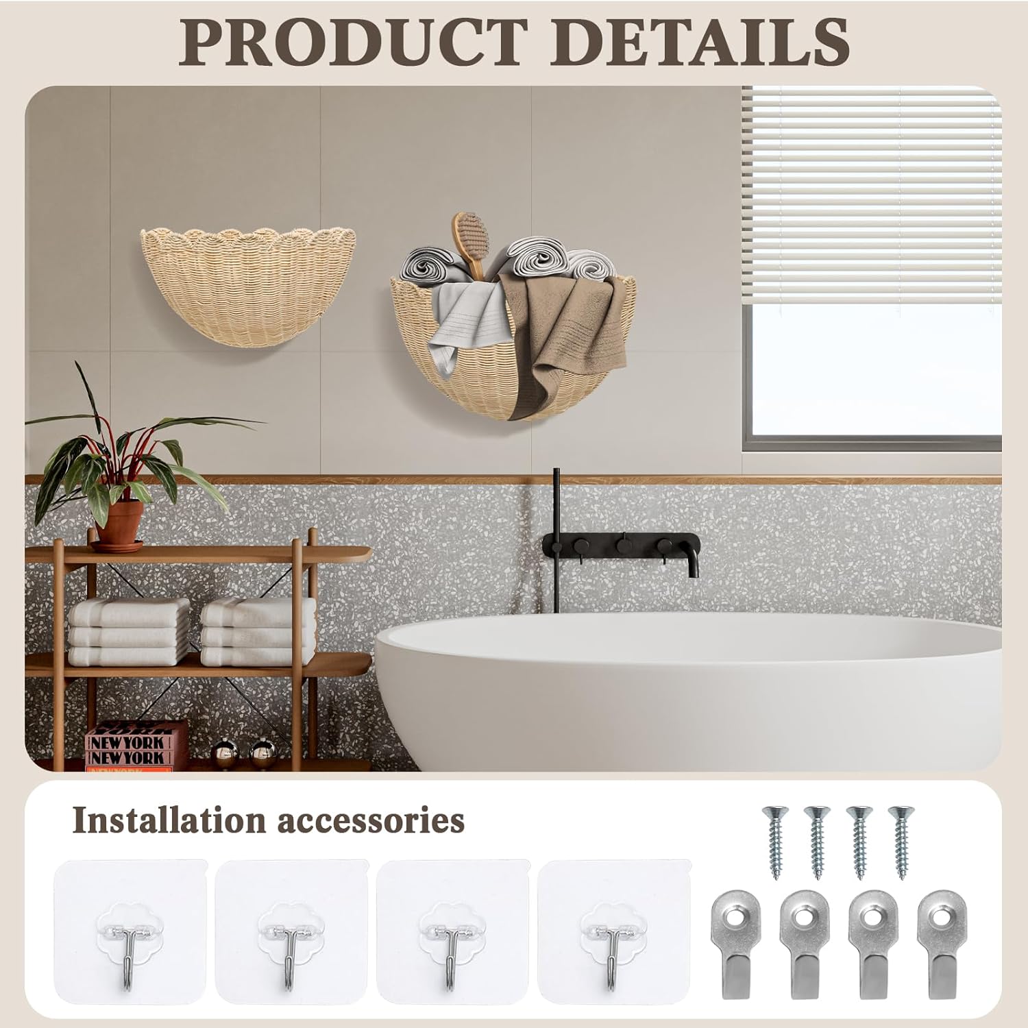 2 Pack Scalloped Wall Baskets Hanging Baskets Large and Small Decorative Woven Storage Holder for Home, Bathroom, Wall Hanging Baskets 16 x 10 x7 and 14 x 8 x 6 Inch (Natural Rattan)