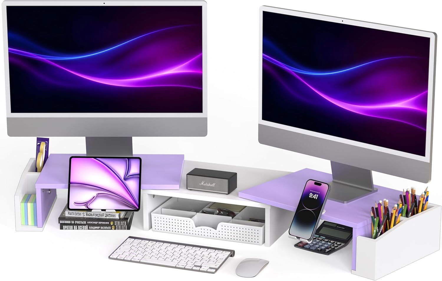 Simple Houseware Desk Dual Monitor Stand Riser with Drawer, White