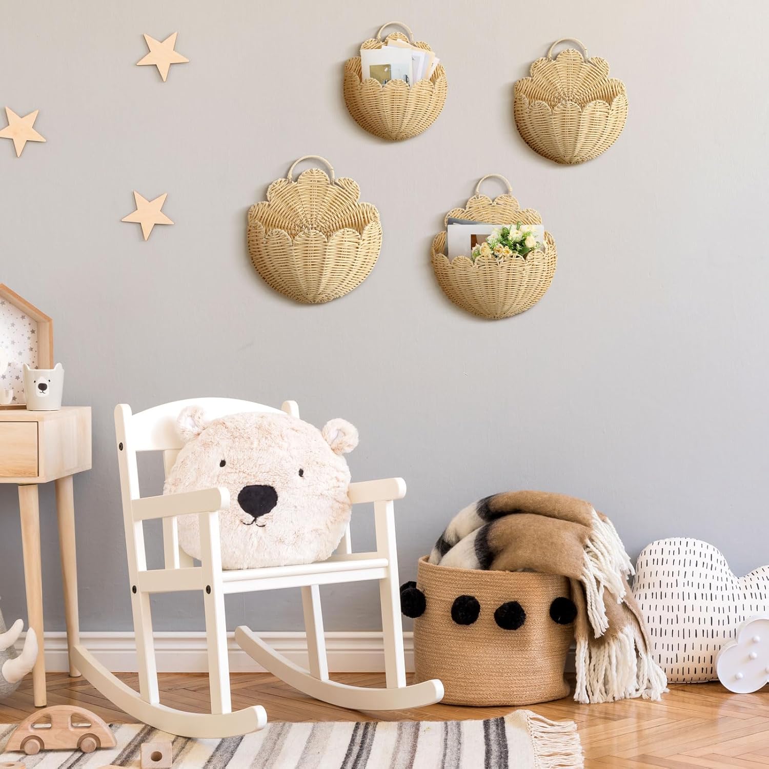 Domensi 4 Pcs Scalloped Wall Baskets Hanging Baskets 4 Different Sizes Large and Small Hand Woven Plastic Rattan Craft Original Storage Holder Scalloped Decor for Nursery Home House Bathroom