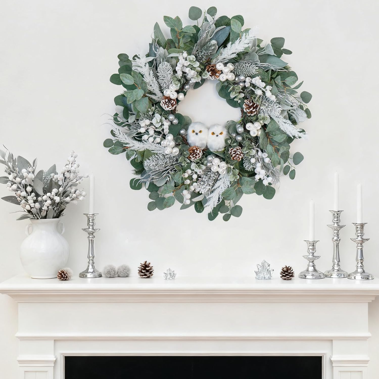 Winter Wreath for Front Door, 24 Inch Christmas Wreath with Owl Decor, Pine Cones, and Evergreen Greenery, Festive Winter Door Decor, Artificial Holiday Farmhouse Rustic Wreath