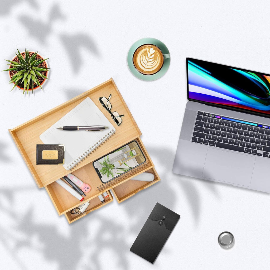 Wisuce Bamboo Desk Organizer, Mini Desktop Drawer Tabletop Storage Organization Box for Office Home Toiletries Supplies Vanity, No Assembly Required (3 Drawer with Shelf)