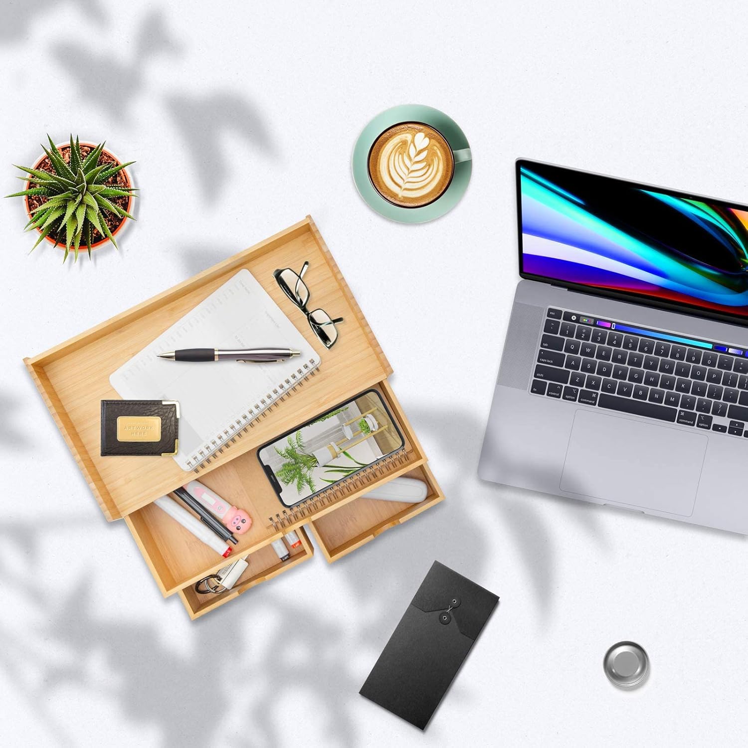 Wisuce Bamboo Desk Organizer, Mini Desktop Drawer Tabletop Storage Organization Box for Office Home Toiletries Supplies Vanity, No Assembly Required (3 Drawer with Shelf)