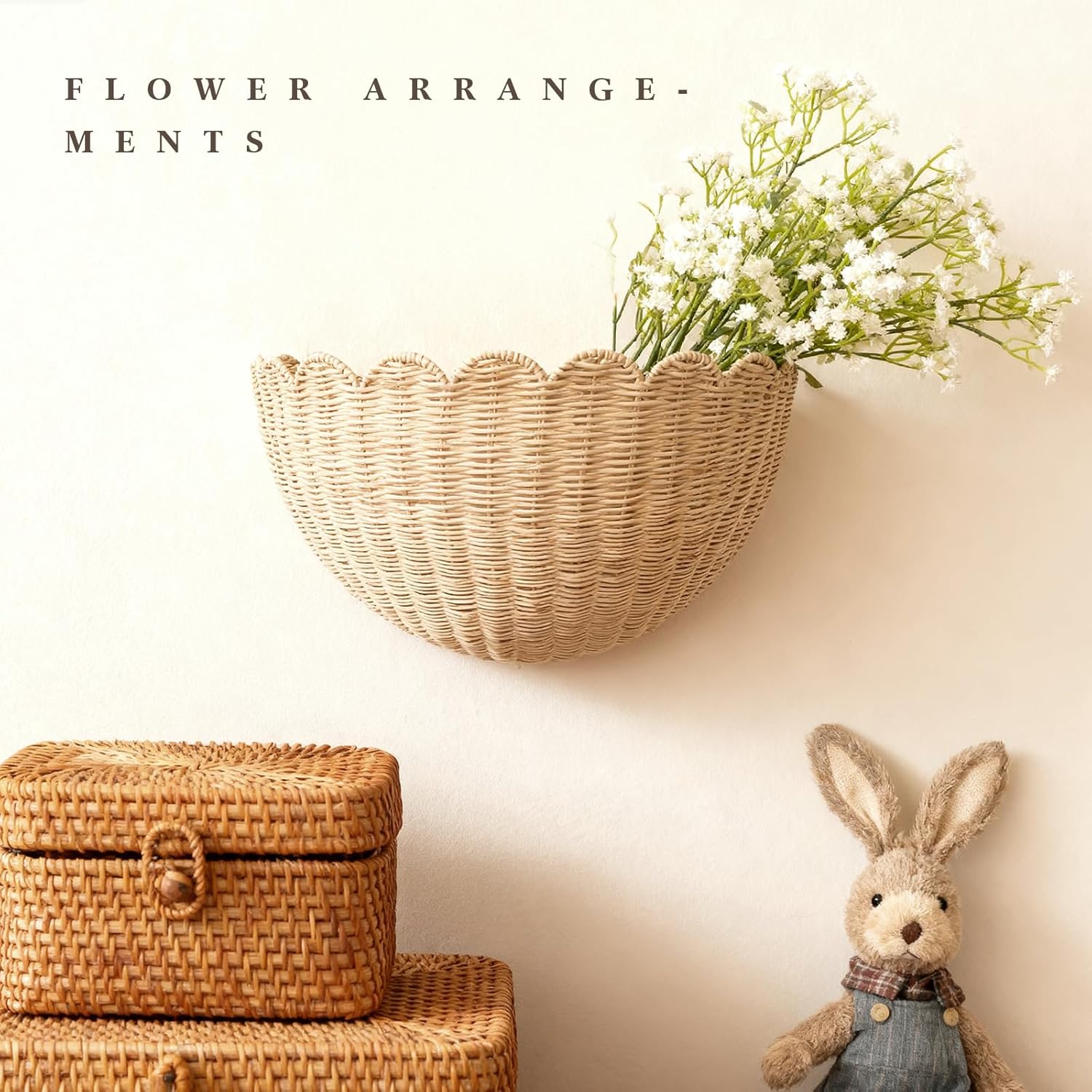 2 Pack Scalloped Wall Baskets Hanging Baskets Large and Small Decorative Woven Storage Holder for Home, Bathroom, Wall Hanging Baskets 16 x 10 x7 and 14 x 8 x 6 Inch (Natural Rattan)