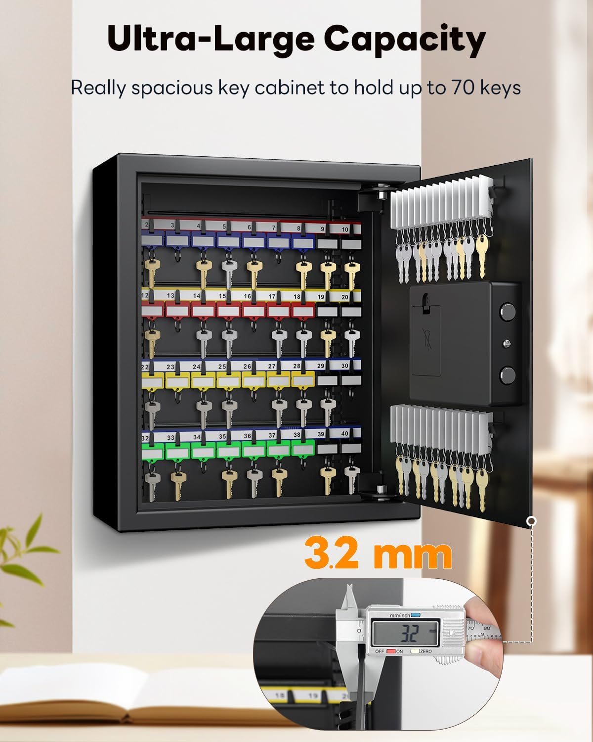 Uniclife 70 Position Key Cabinet with Combination & Key Lock Wall Mounted Security Keys Safe Key Organizer Resettable Black Digital with Keypad Lock Adjustable Racks Colorful Key Tags & Permanent Pen