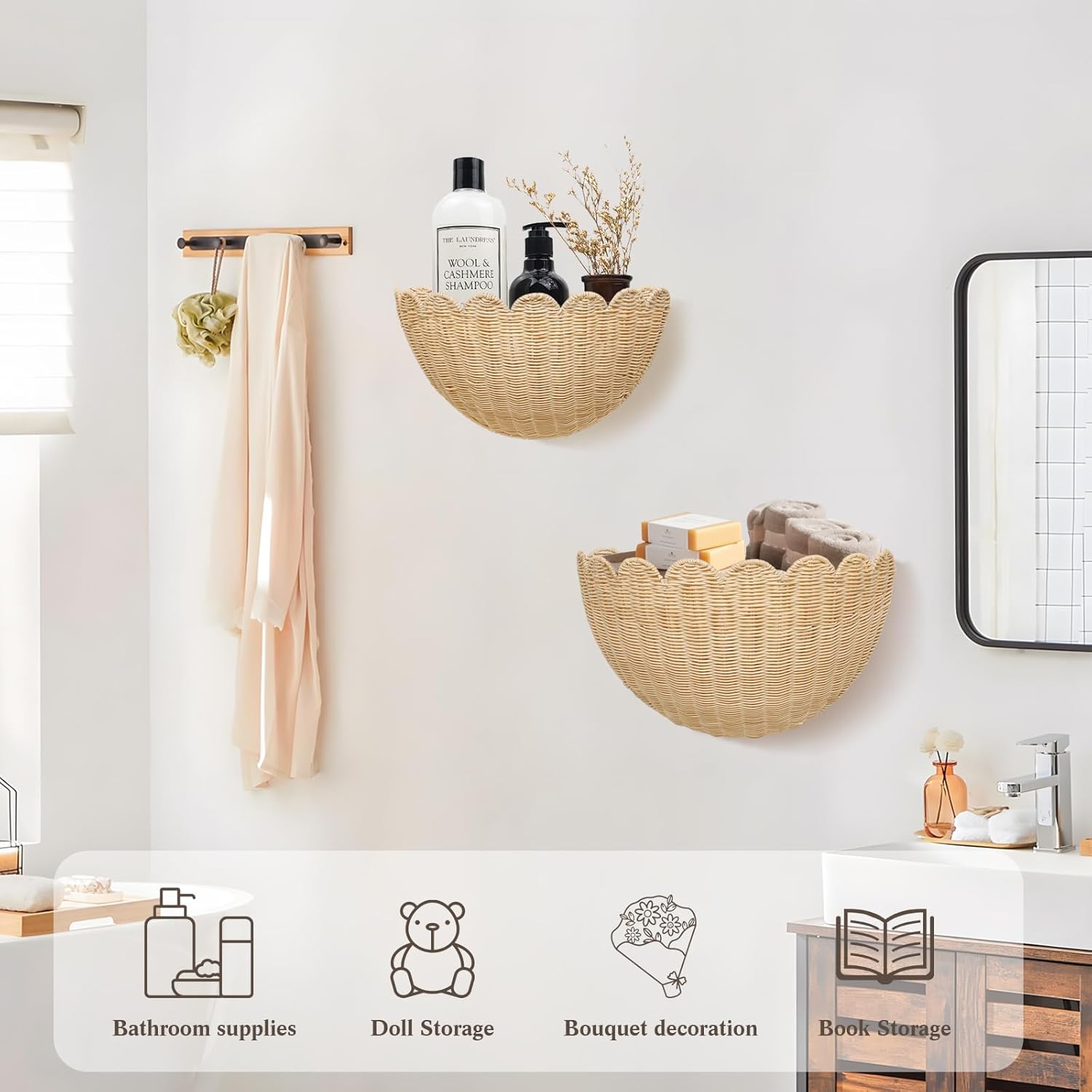 2 Pack Scalloped Wall Baskets Hanging Baskets Large and Small Decorative Woven Storage Holder for Home, Bathroom, Wall Hanging Baskets 16 x 10 x7 and 14 x 8 x 6 Inch (Natural Rattan)