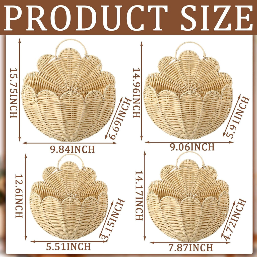 Domensi 4 Pcs Scalloped Wall Baskets Hanging Baskets 4 Different Sizes Large and Small Hand Woven Plastic Rattan Craft Original Storage Holder Scalloped Decor for Nursery Home House Bathroom