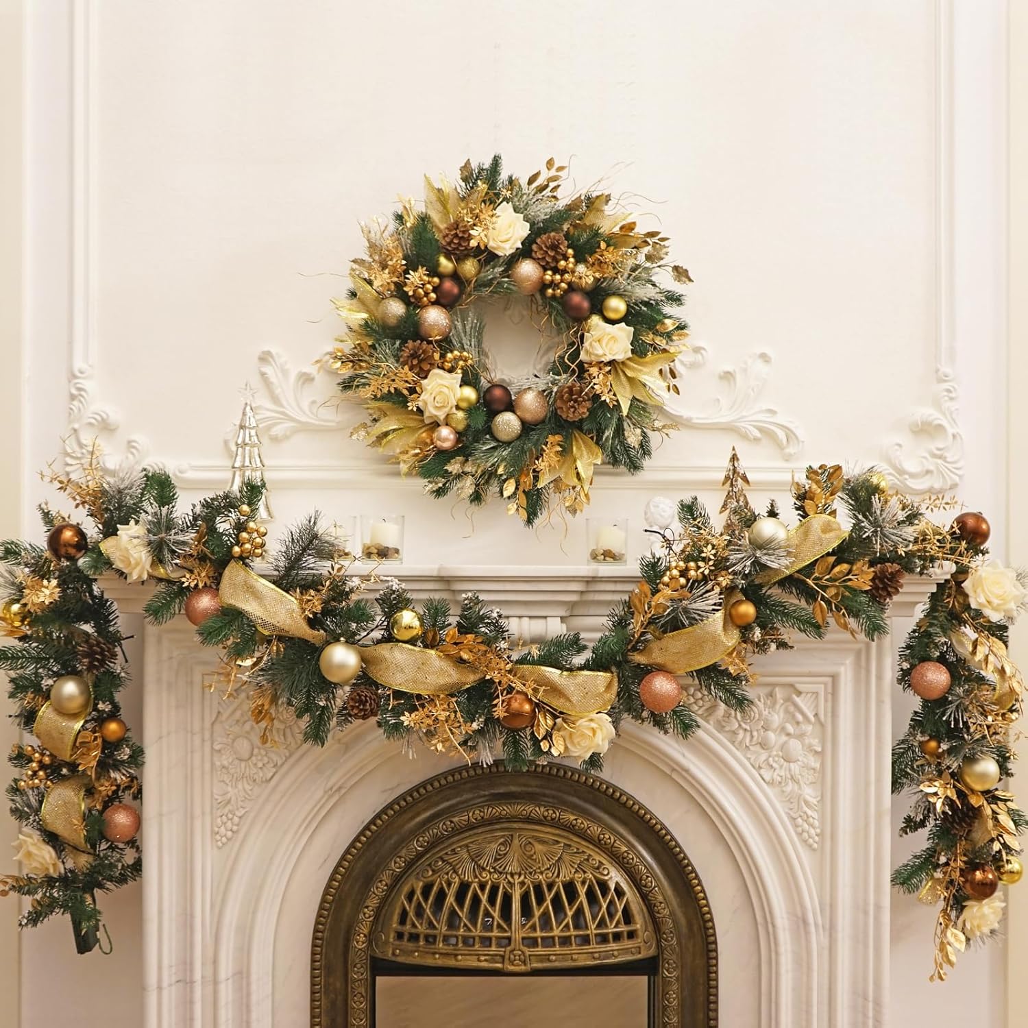 Christmas Wreaths for Front Door with Lights Pre-Lit 24 Inch Champagne Gold Door Wreath with Ball Ornaments, Rose Battery Operated Holiday Thanksgiving Christmas Wreath Decor