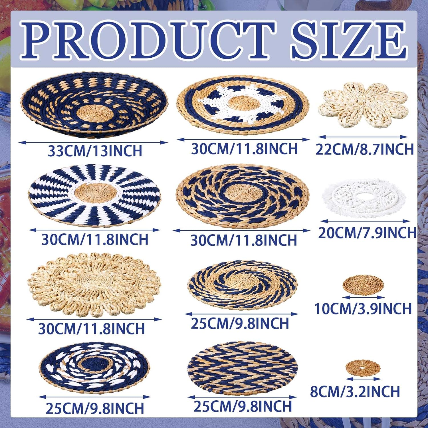 Xuhal 15 Pcs Boho Wall Basket Decor Handcrafted Seagrass Woven Wall Basket Rustic Round Woven Hanging Art for Home Farmhouse Kitchen Table Living Room(Blue Classic Style)