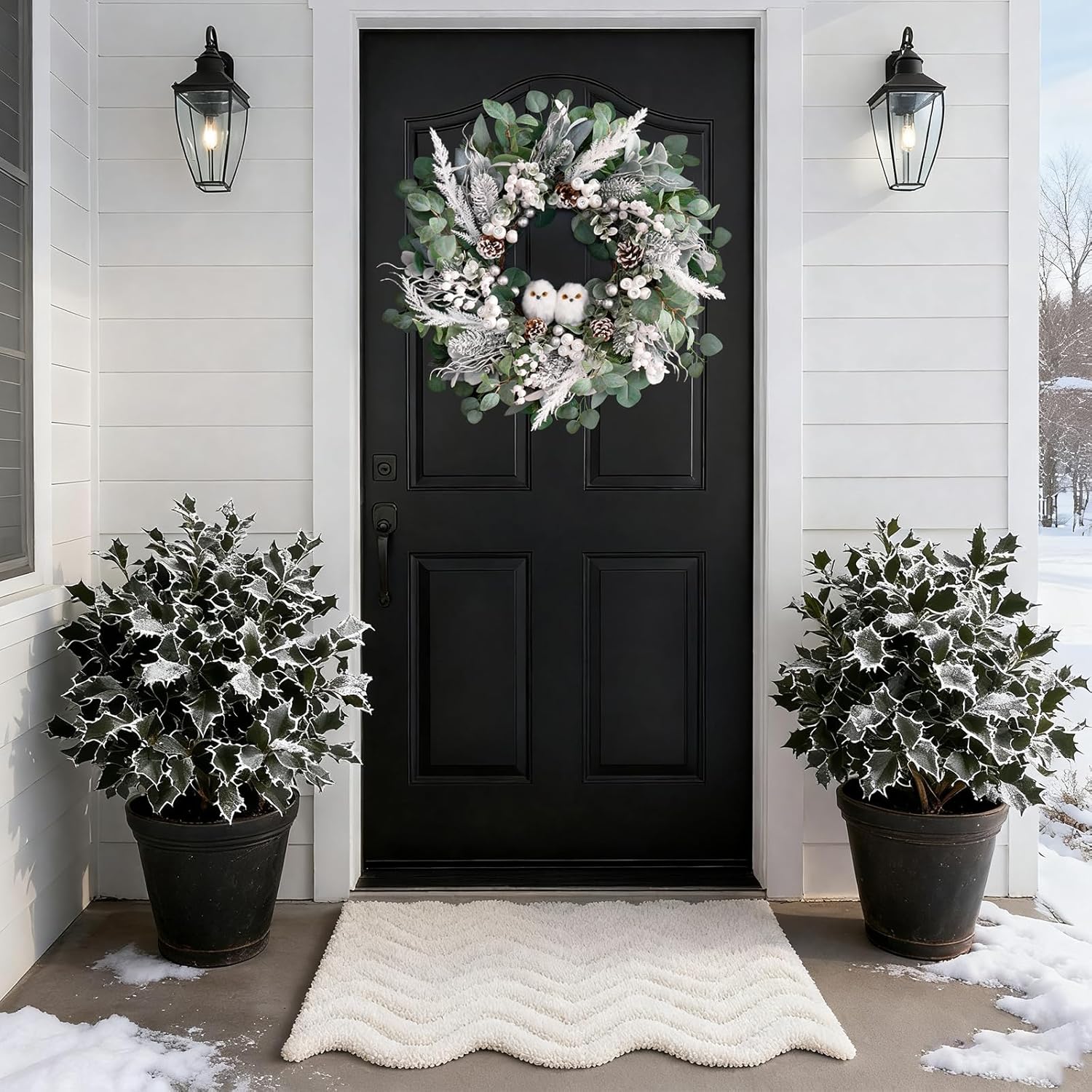 Winter Wreath for Front Door, 24 Inch Christmas Wreath with Owl Decor, Pine Cones, and Evergreen Greenery, Festive Winter Door Decor, Artificial Holiday Farmhouse Rustic Wreath