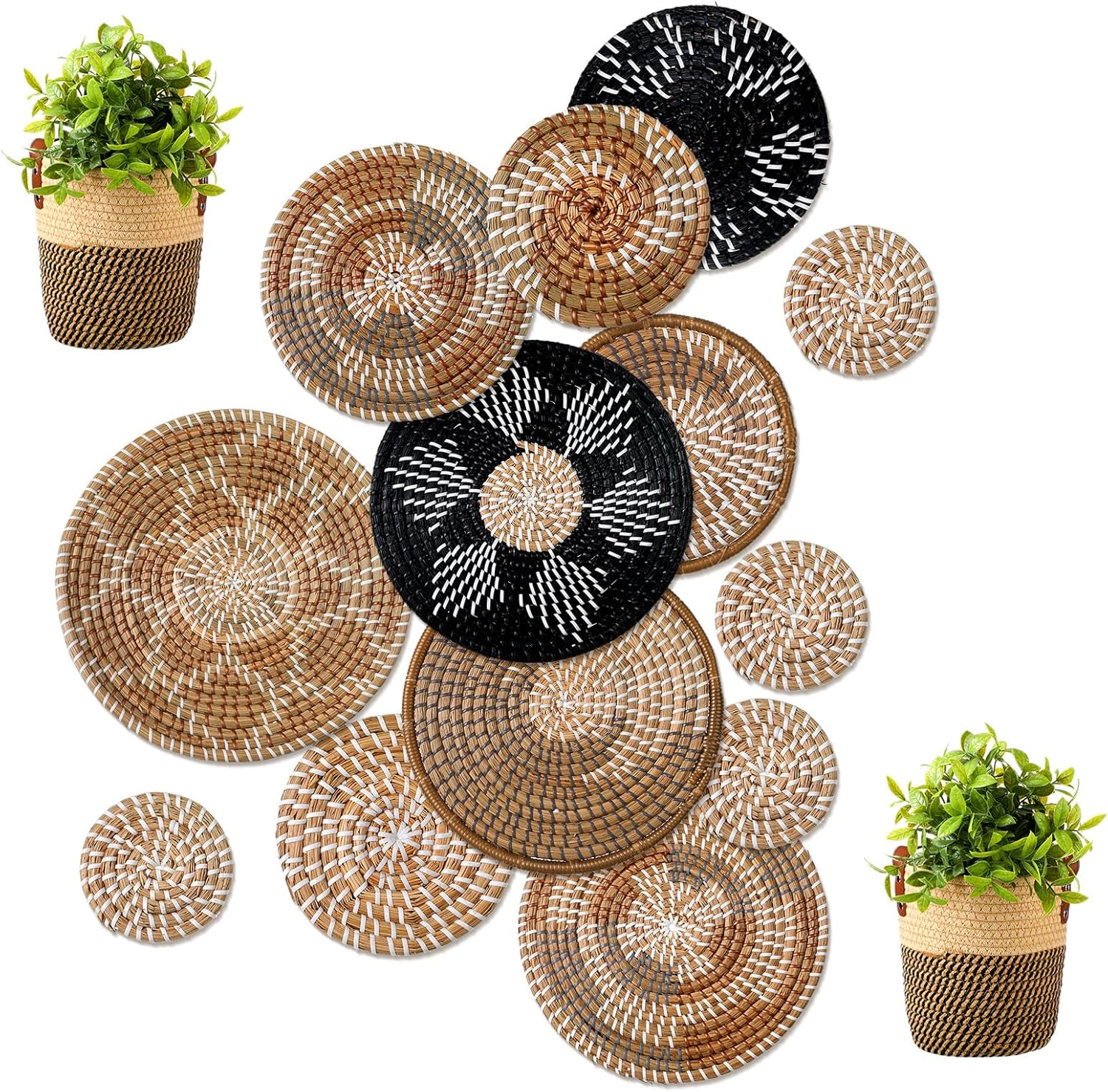 Xuhal 15 Pcs Boho Wall Basket Decor Handcrafted Seagrass Woven Wall Basket Rustic Round Woven Hanging Art for Home Farmhouse Kitchen Table Living Room(Blue Classic Style)