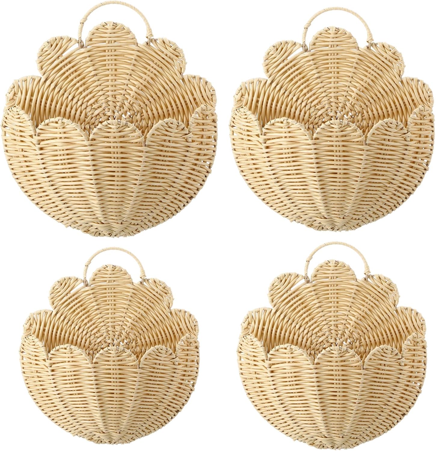 Domensi 4 Pcs Scalloped Wall Baskets Hanging Baskets 4 Different Sizes Large and Small Hand Woven Plastic Rattan Craft Original Storage Holder Scalloped Decor for Nursery Home House Bathroom