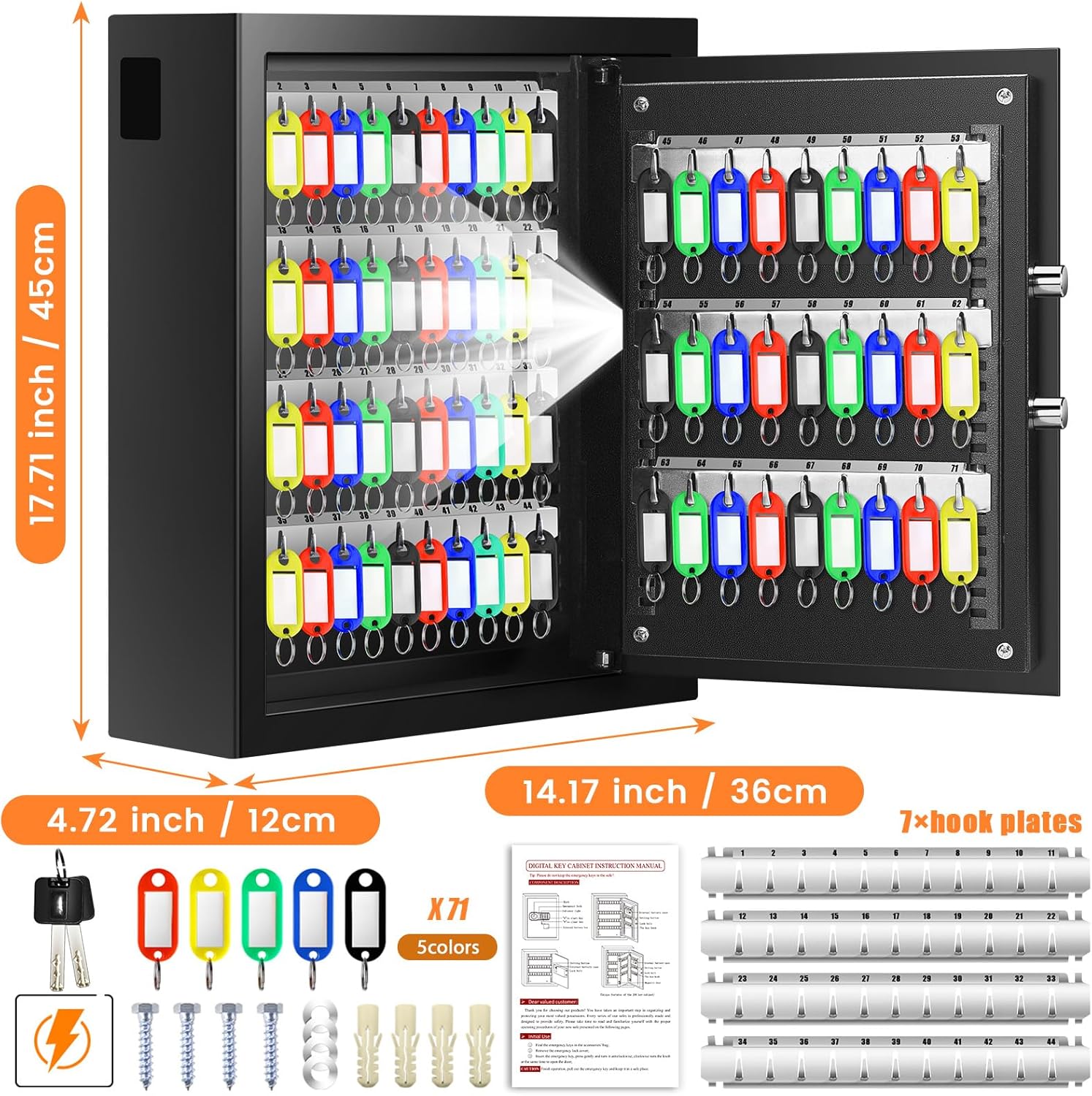 71 Keys Fireproof Key Lock Box, Anti-Theft Key Box Wall Mount with Adjustable Hook Plates, Key Tags and Side Opening, Key Safe Key Cabinet Key Organizer for Home Office Garage Rental Business