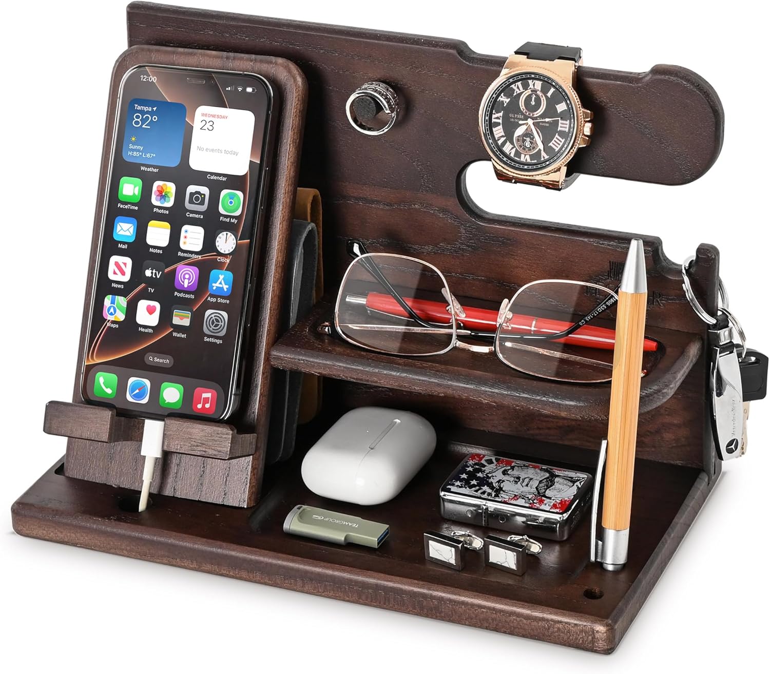 TESLYAR Wood Phone Docking Station for Men - Desk or Nightstand Organizer - Birthday Gifts for Husband, Dad - Anniversary Idea from Wife - Key Holder, Stand Wallet, Watch & Essentials (Bourbon Brown)