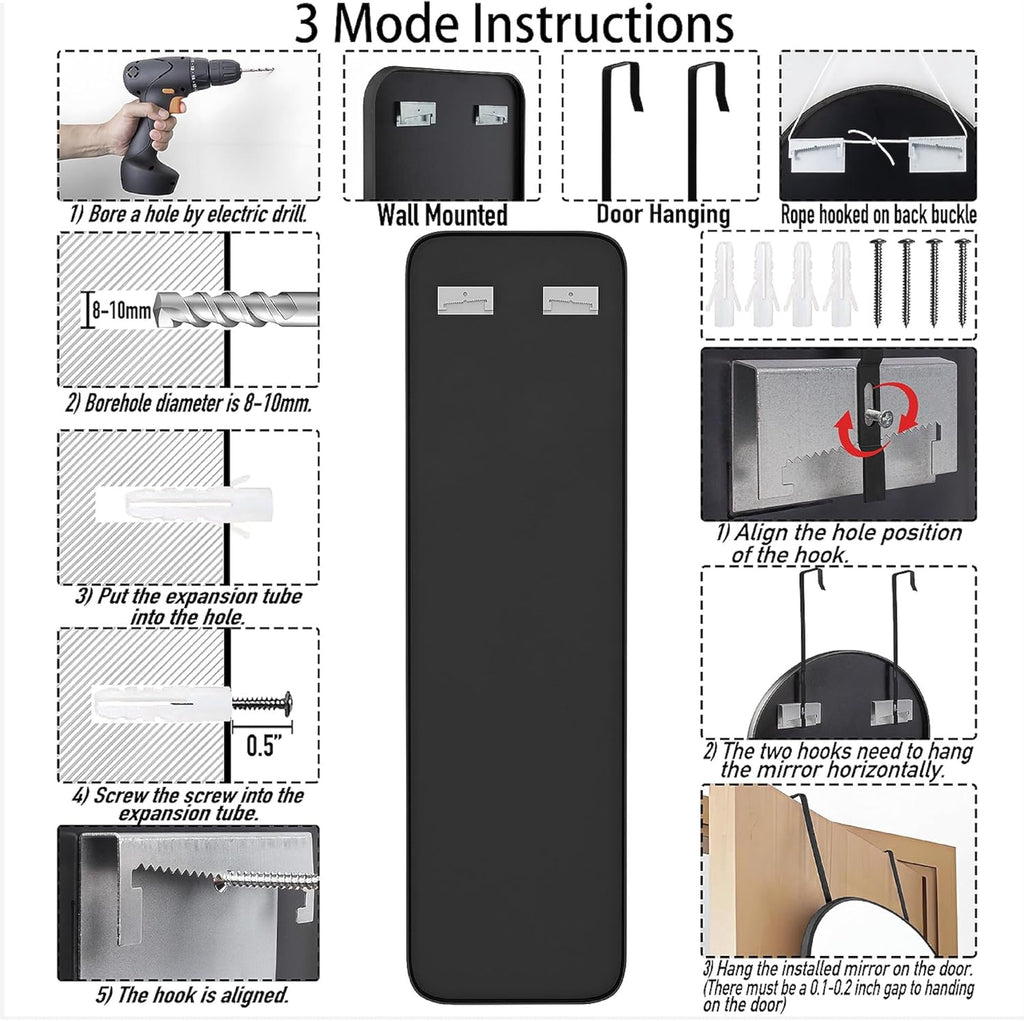 47x14 Mirror Rectangle Full Body Length Door Hanging Wall Mounted Metal Aluminum Alloy Frame Dressing Make-up Mirrors for Entryway Bedroom Bathroom Living Room 47 14 inch Black