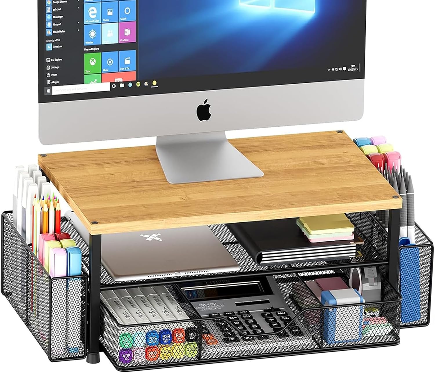 OPNICE Desk Organizer and Accessories, 2-Tier Computer Monitor Stand Riser with Drawer and 2 Pen Holders, Laptop Stand, Office Desk Accessories for Office Supplies, Black 2-Pack