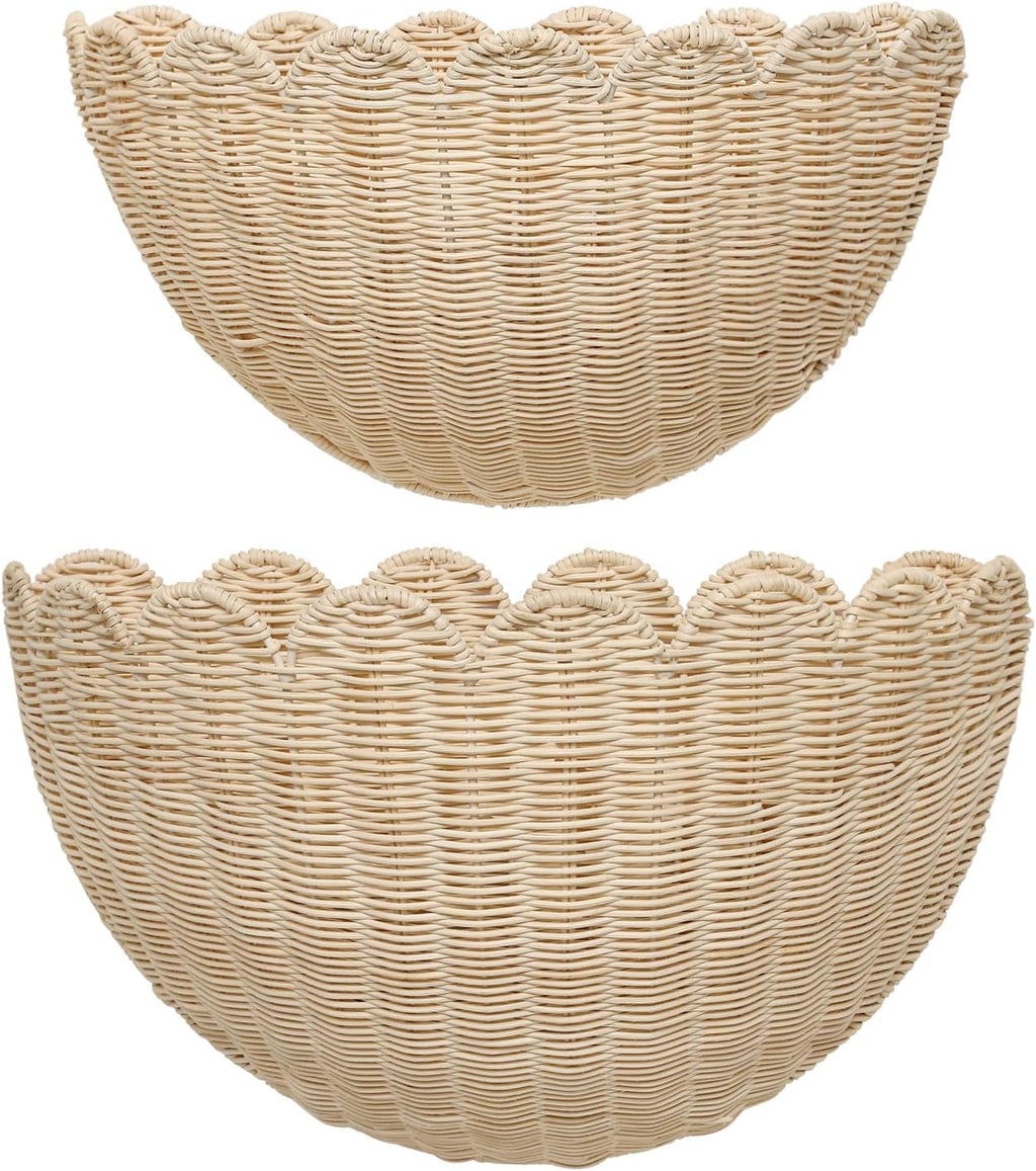 2 Pack Scalloped Wall Baskets Hanging Baskets Large and Small Decorative Woven Storage Holder for Home, Bathroom, Wall Hanging Baskets 16 x 10 x7 and 14 x 8 x 6 Inch (Natural Rattan)