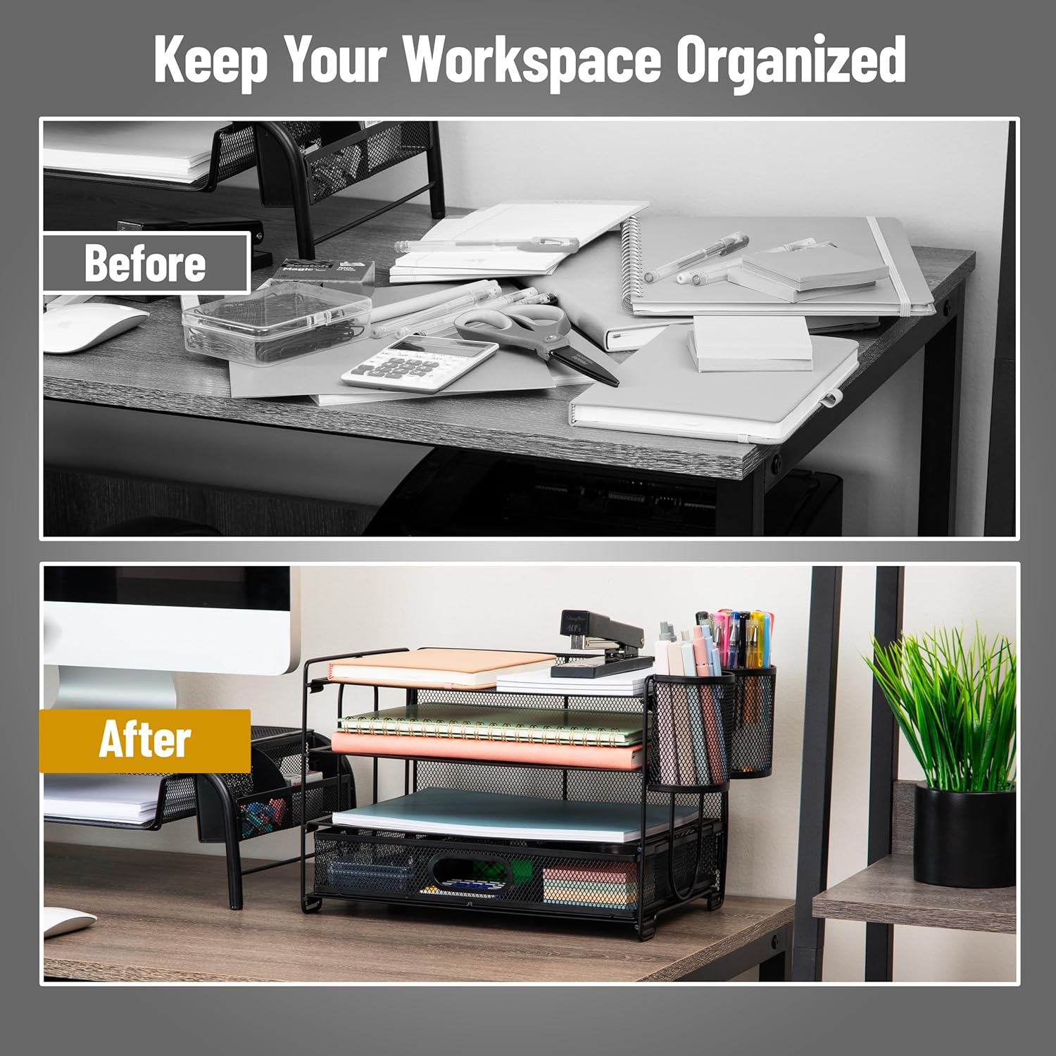 Mind Reader Mesh Desk Organizer, 3 Trays, 1 Drawer, 2 Pen Holders, Office Desktop Organizer, Metal Mesh, Black