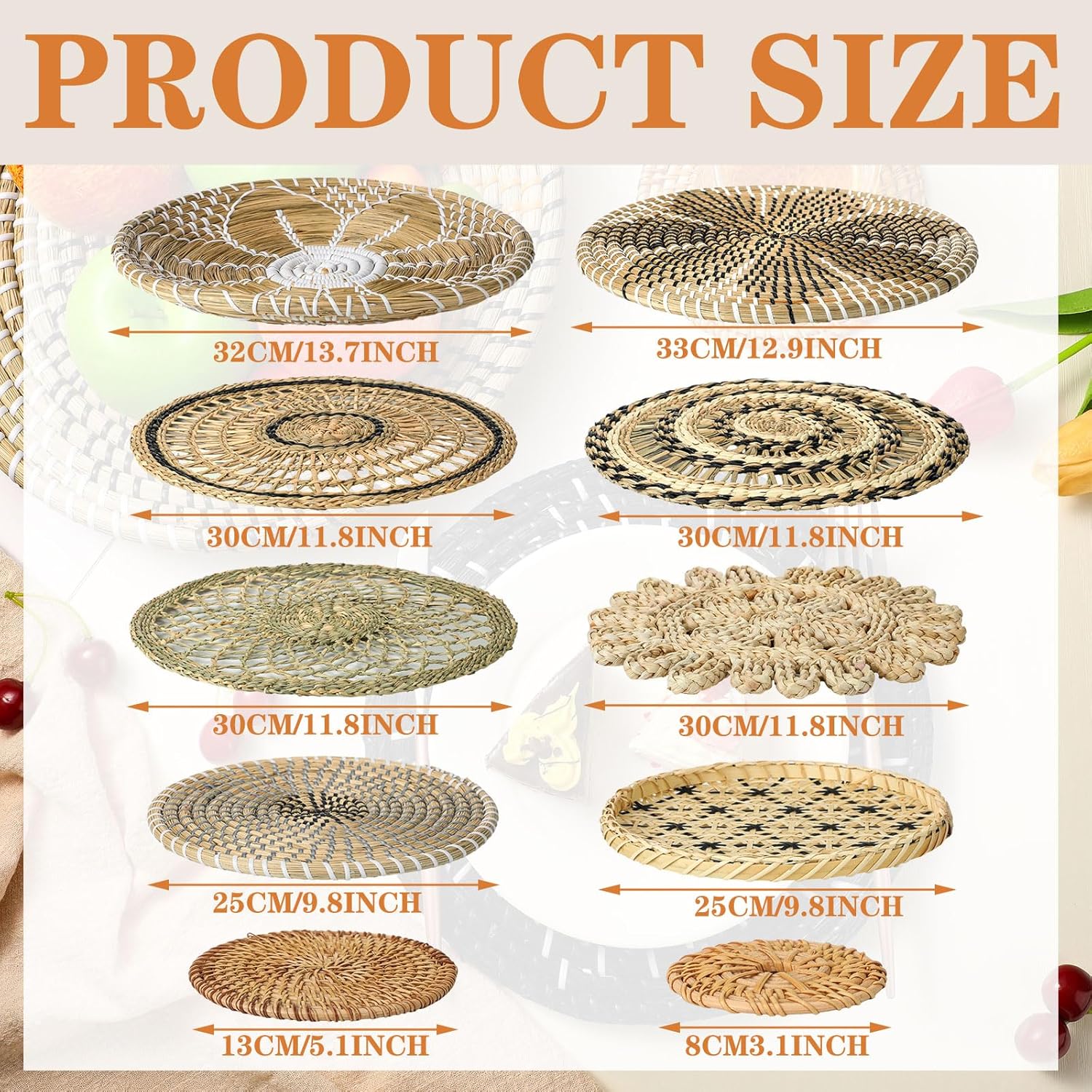 Tatuo 11 Pcs Boho Wall Basket Decor Decorative Bulrush Woven Basket Wall Decor Art Round Farmhouse Hanging Baskets for Kitchen Rustic Home Summer Decorations, Multi Sizes(Vivid)