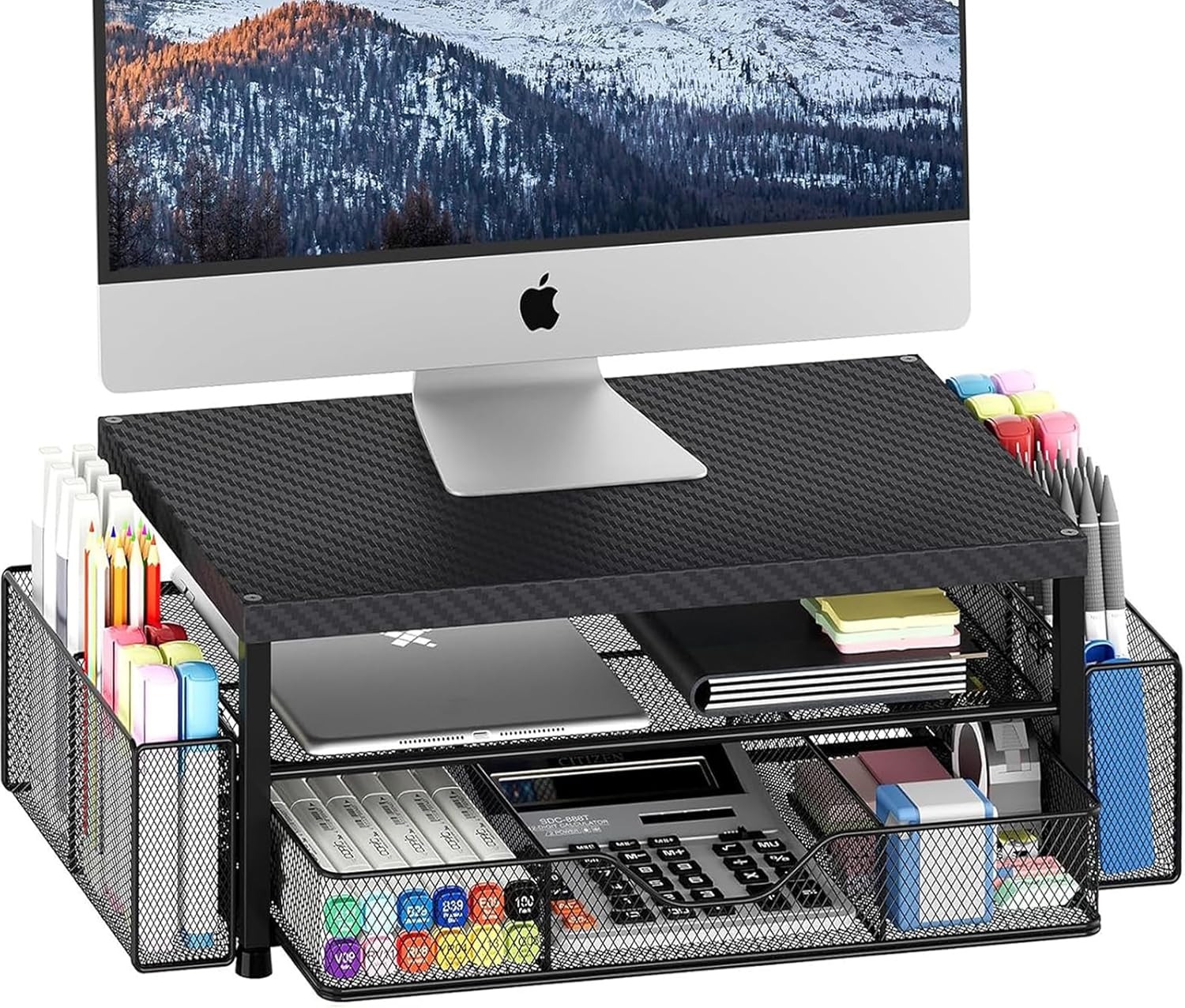 OPNICE Desk Organizer and Accessories, 2-Tier Computer Monitor Stand Riser with Drawer and 2 Pen Holders, Laptop Stand, Office Desk Accessories for Office Supplies, Black 2-Pack