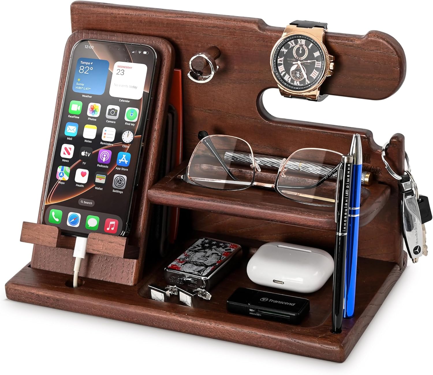 TESLYAR Wood Phone Docking Station for Men - Desk or Nightstand Organizer - Birthday Gifts for Husband, Dad - Anniversary Idea from Wife - Key Holder, Stand Wallet, Watch & Essentials (Bourbon Brown)