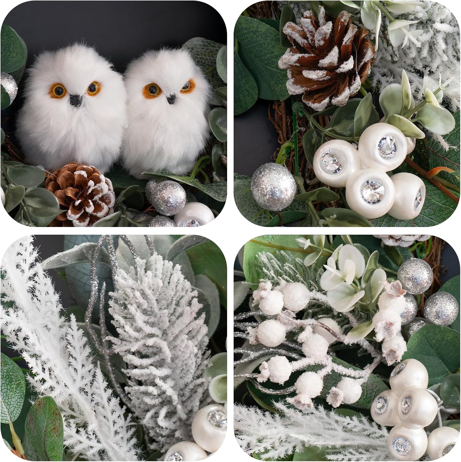 Winter Wreath for Front Door, 24 Inch Christmas Wreath with Owl Decor, Pine Cones, and Evergreen Greenery, Festive Winter Door Decor, Artificial Holiday Farmhouse Rustic Wreath