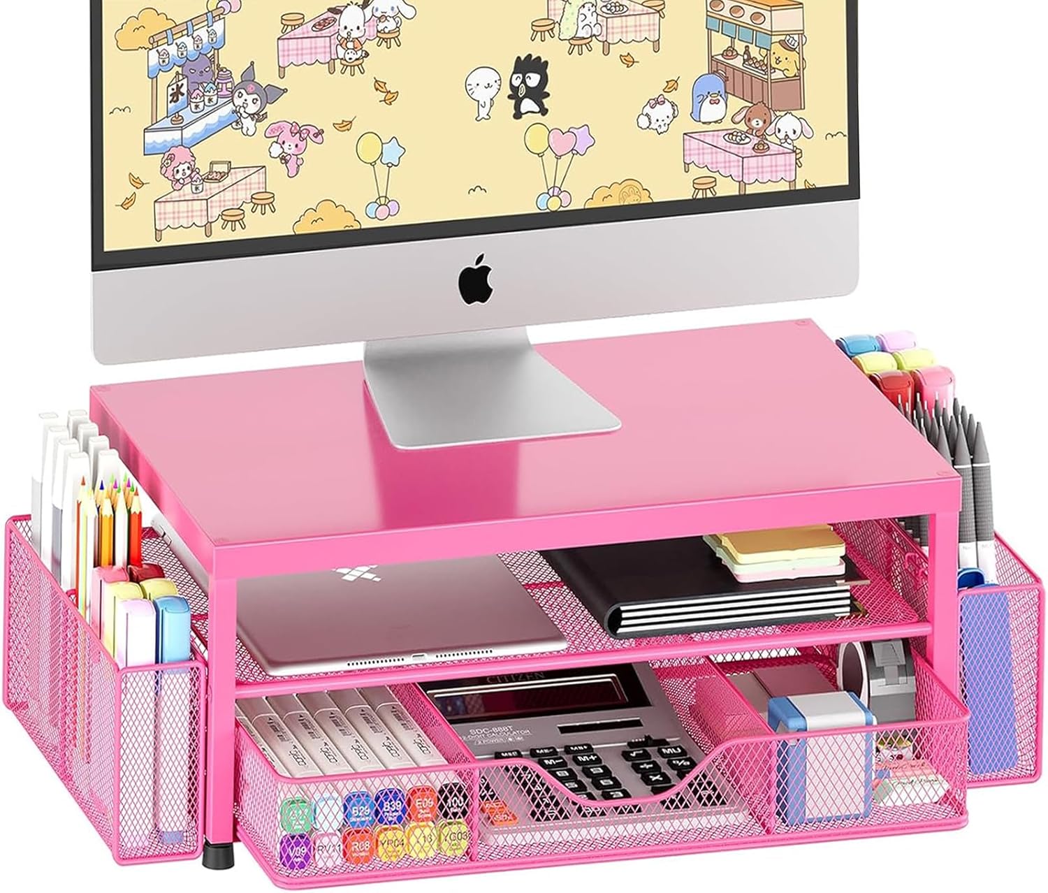 OPNICE Desk Organizer and Accessories, 2-Tier Computer Monitor Stand Riser with Drawer and 2 Pen Holders, Laptop Stand, Office Desk Accessories for Office Supplies, Black 2-Pack