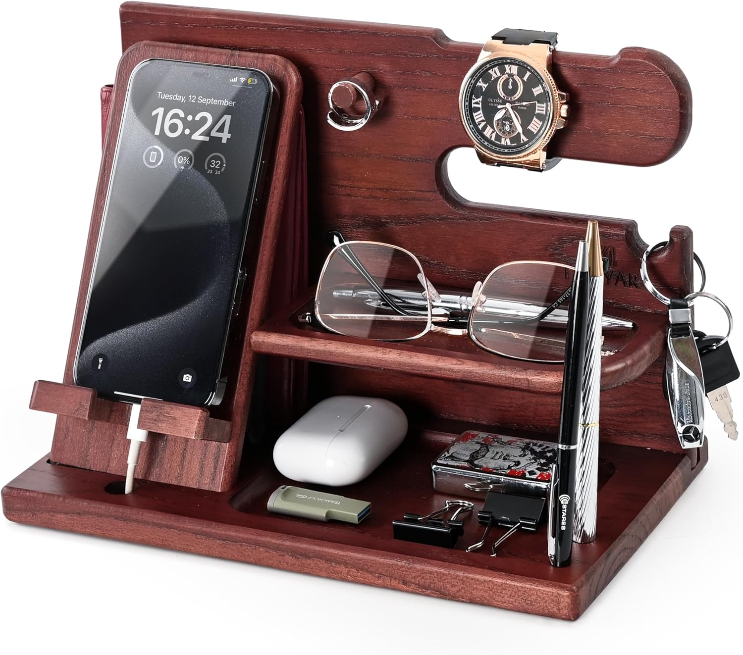 TESLYAR Wood Phone Docking Station for Men - Desk or Nightstand Organizer - Birthday Gifts for Husband, Dad - Anniversary Idea from Wife - Key Holder, Stand Wallet, Watch & Essentials (Bourbon Brown)