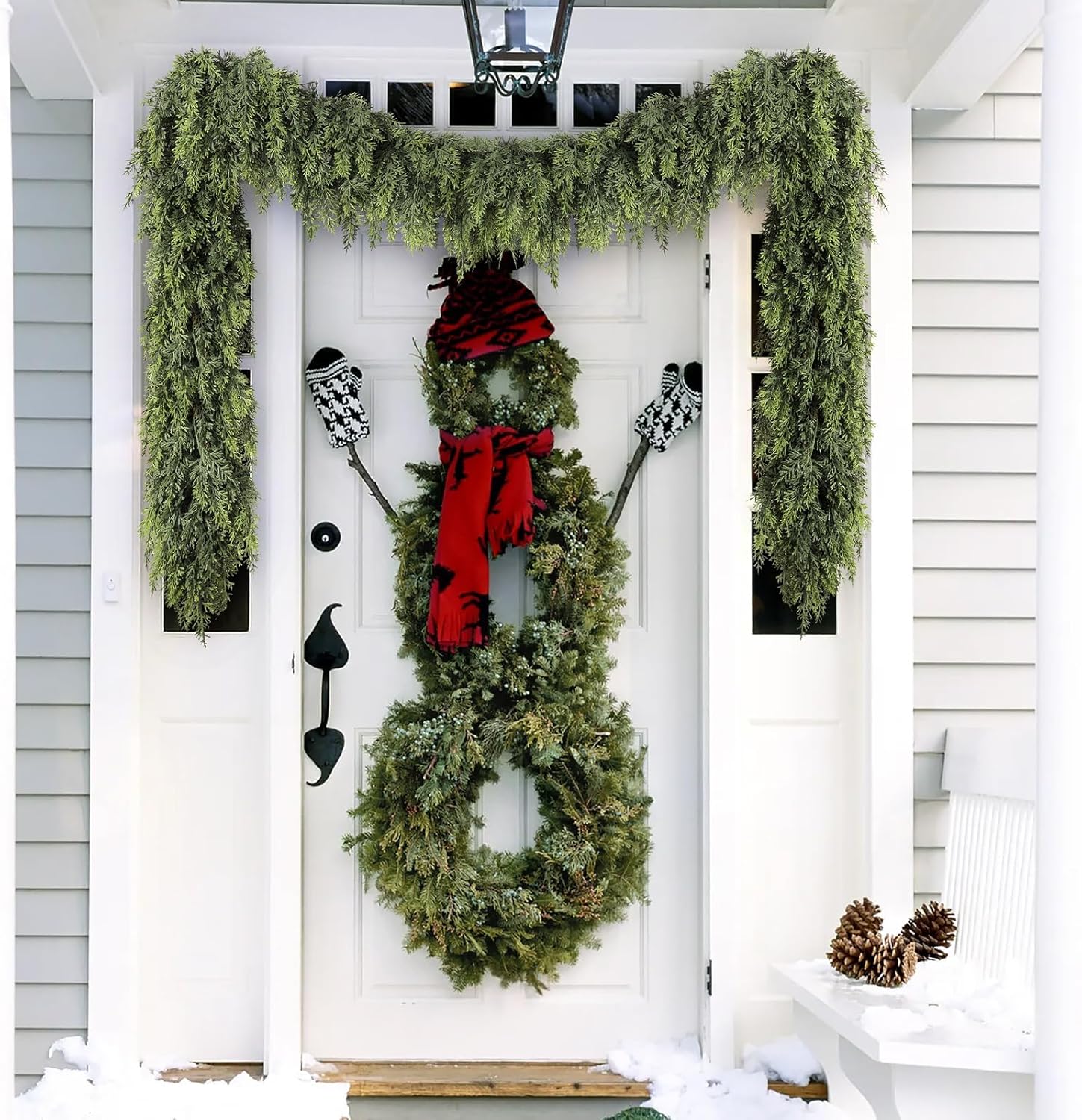 Cedar Christmas Garland with Lights for Mantle - 2 Pack Decorations 9ft Realistic Lighted Faux Pine Garlands for Xmas Home Decoration Indoor Stairs Railing Fireplace Outdoor Prelit Garland Door Decor