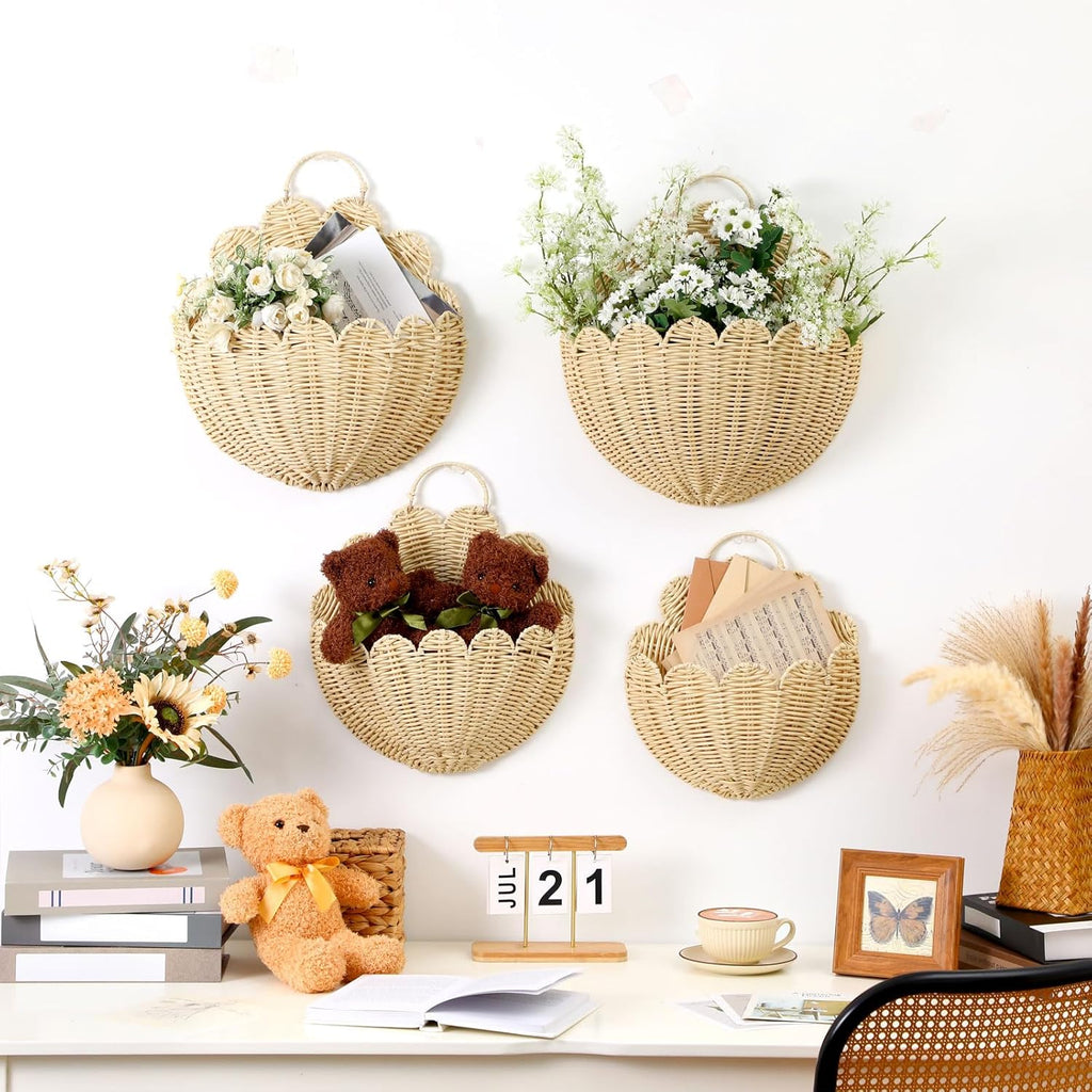 Domensi 4 Pcs Scalloped Wall Baskets Hanging Baskets 4 Different Sizes Large and Small Hand Woven Plastic Rattan Craft Original Storage Holder Scalloped Decor for Nursery Home House Bathroom