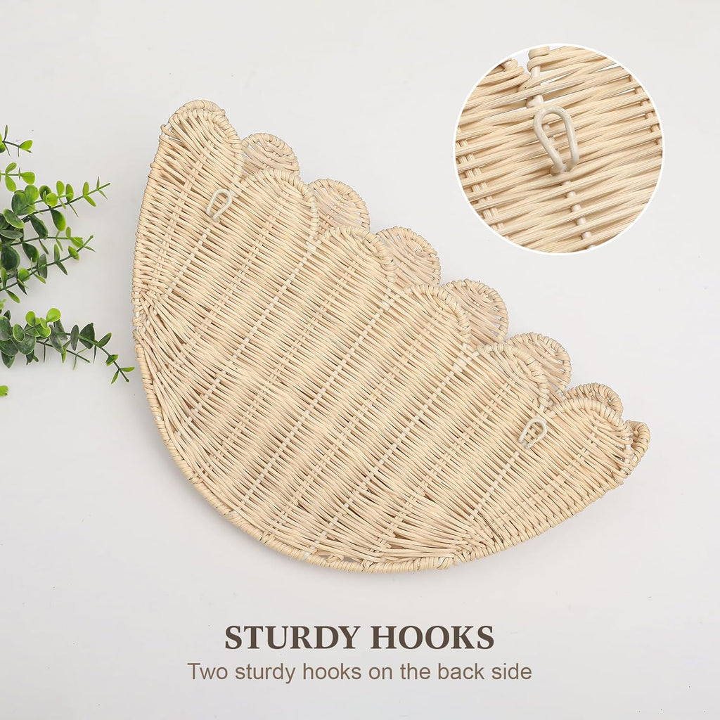 2 Pack Scalloped Wall Baskets Hanging Baskets Large and Small Decorative Woven Storage Holder for Home, Bathroom, Wall Hanging Baskets 16 x 10 x7 and 14 x 8 x 6 Inch (Natural Rattan)