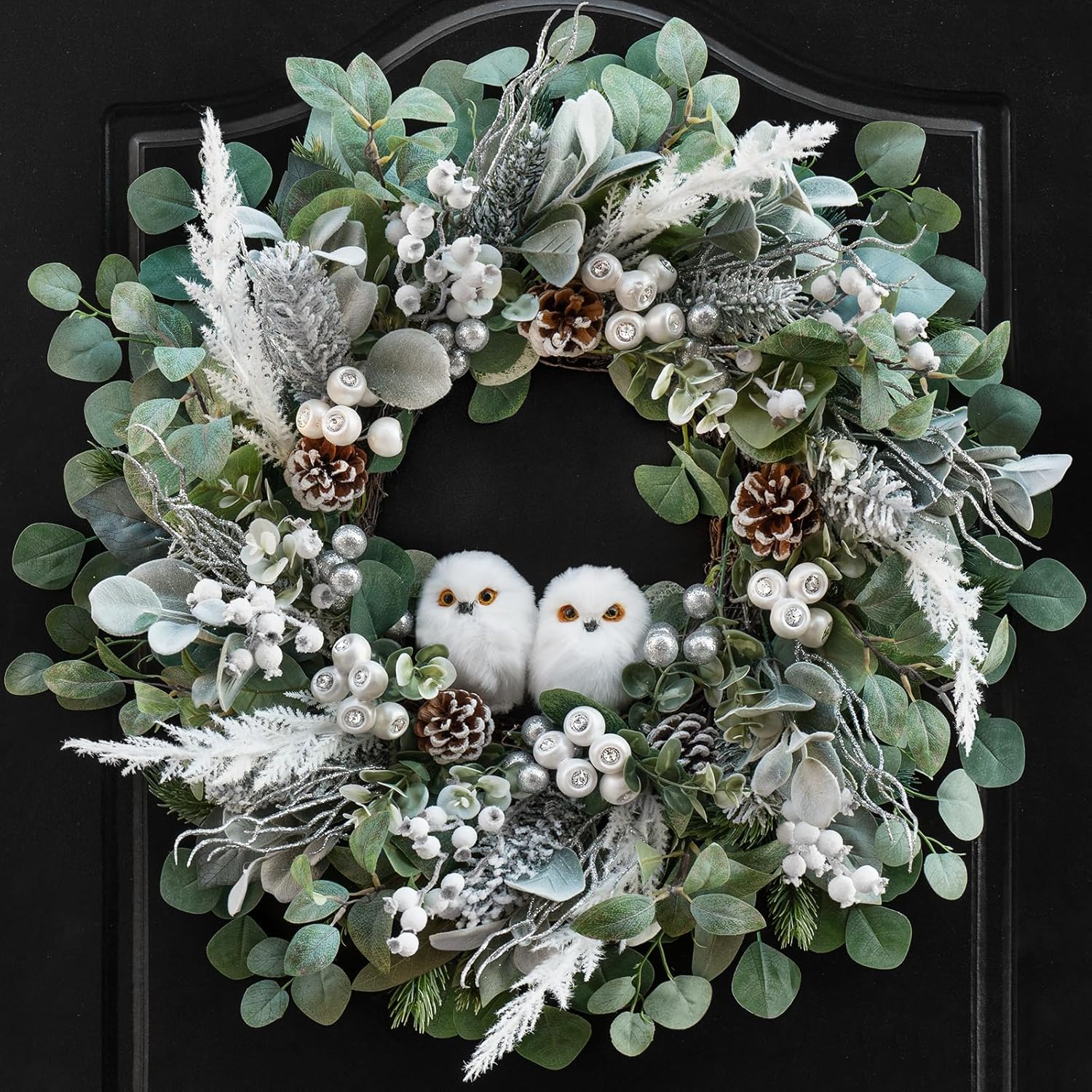 Winter Wreath for Front Door, 24 Inch Christmas Wreath with Owl Decor, Pine Cones, and Evergreen Greenery, Festive Winter Door Decor, Artificial Holiday Farmhouse Rustic Wreath