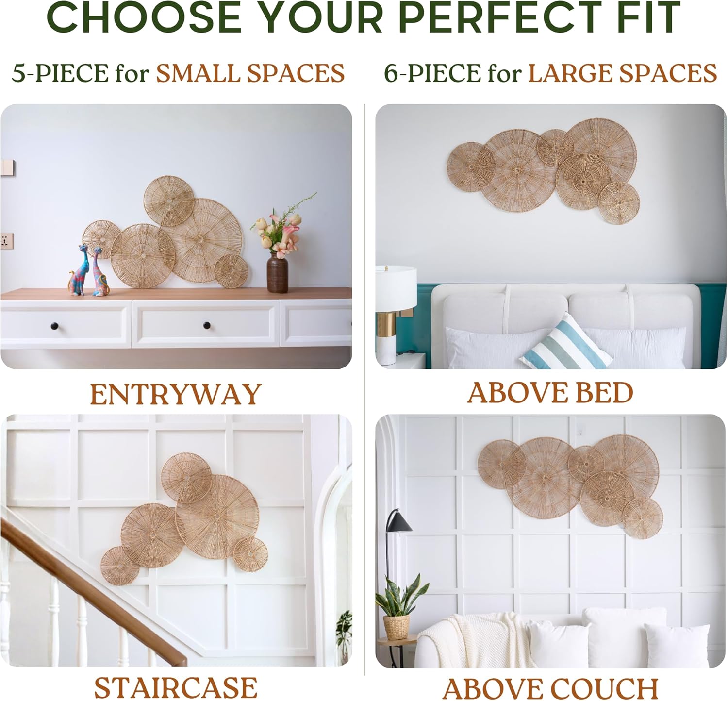 CHI AN HOME Wicker 23 Inch Jute Wall Decor Baskets, Set of 6 Extra Large Woven Jute Wall Plates, 23",21",15",13",12,10", Decorative Baskets for Wall Arts, Wall Hanging for Bedroom, Living Room, Office