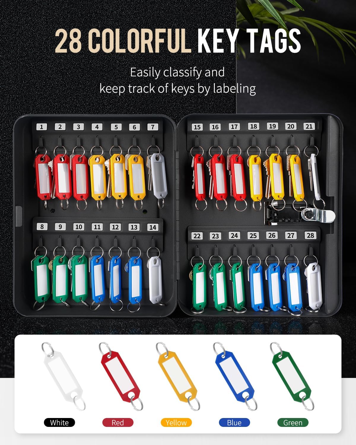 Uniclife 28 Position Key Cabinet with Combination Lock Resettable Black Digital Security Storage Box Steel Key Organizer with Colorful Key Tag Labels Stickers and Hooks