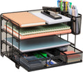 Mind Reader Mesh Desk Organizer, 3 Trays, 1 Drawer, 2 Pen Holders, Office Desktop Organizer, Metal Mesh, Black