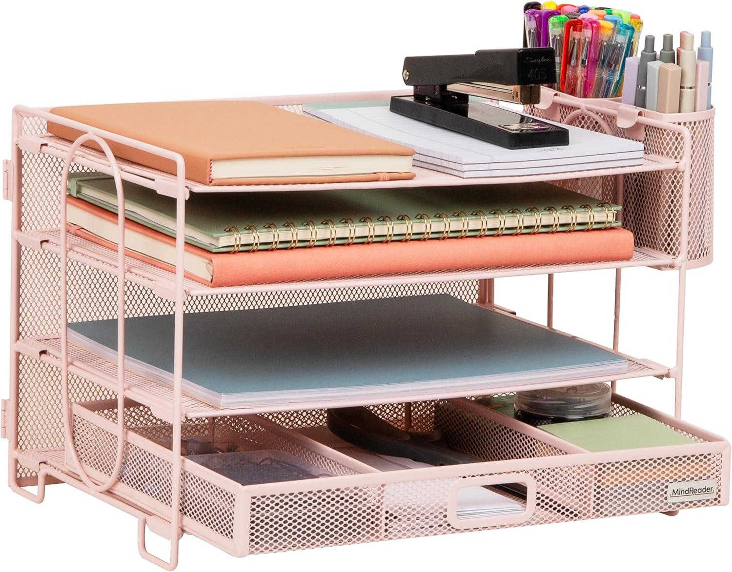 Mind Reader Mesh Desk Organizer, 3 Trays, 1 Drawer, 2 Pen Holders, Office Desktop Organizer, Metal Mesh, Black