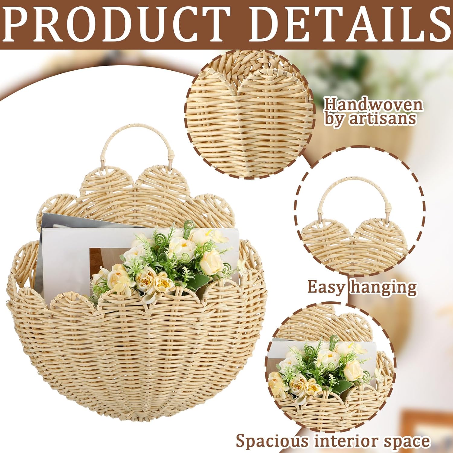 Domensi 4 Pcs Scalloped Wall Baskets Hanging Baskets 4 Different Sizes Large and Small Hand Woven Plastic Rattan Craft Original Storage Holder Scalloped Decor for Nursery Home House Bathroom