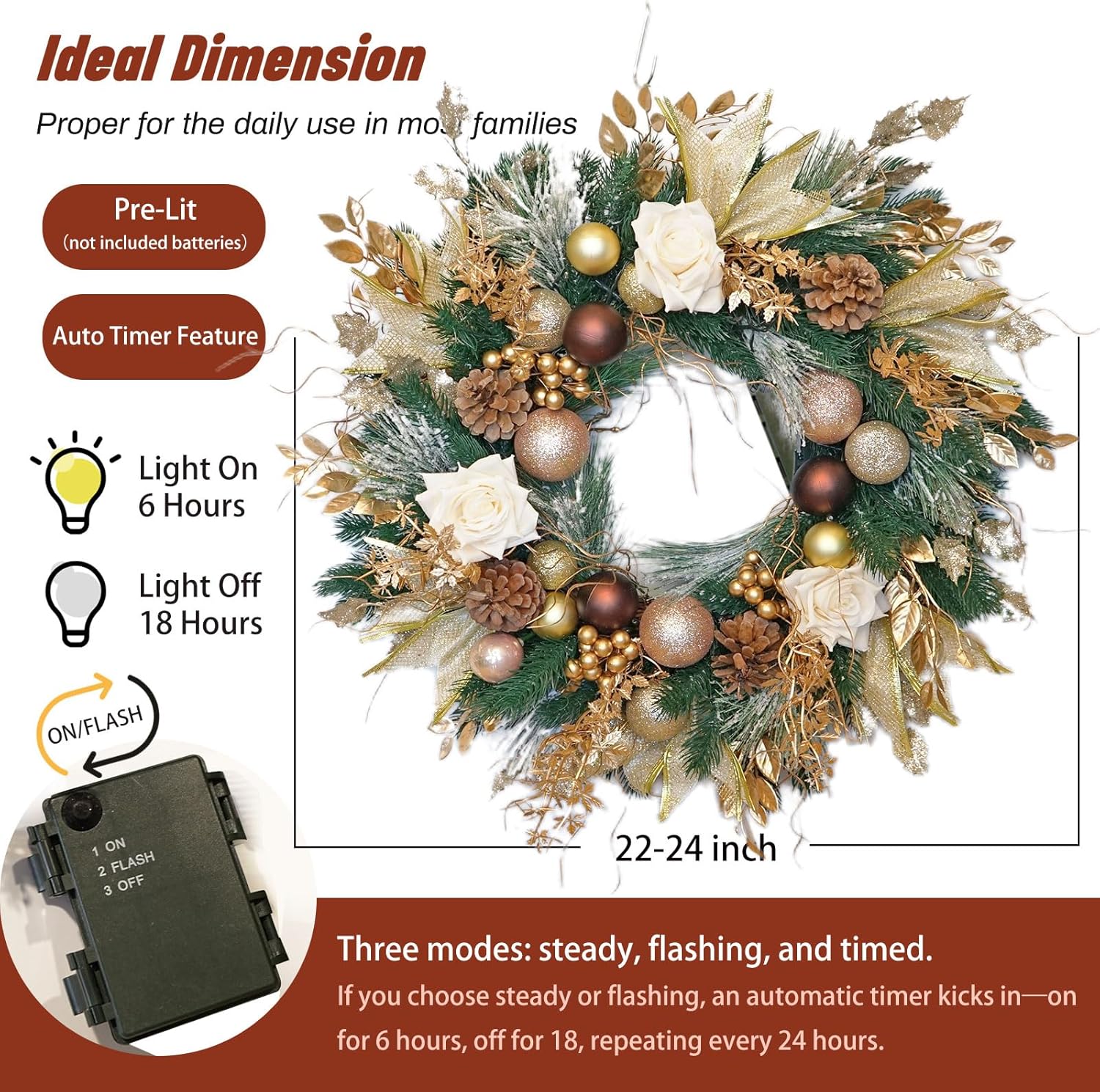 Christmas Wreaths for Front Door with Lights Pre-Lit 24 Inch Champagne Gold Door Wreath with Ball Ornaments, Rose Battery Operated Holiday Thanksgiving Christmas Wreath Decor
