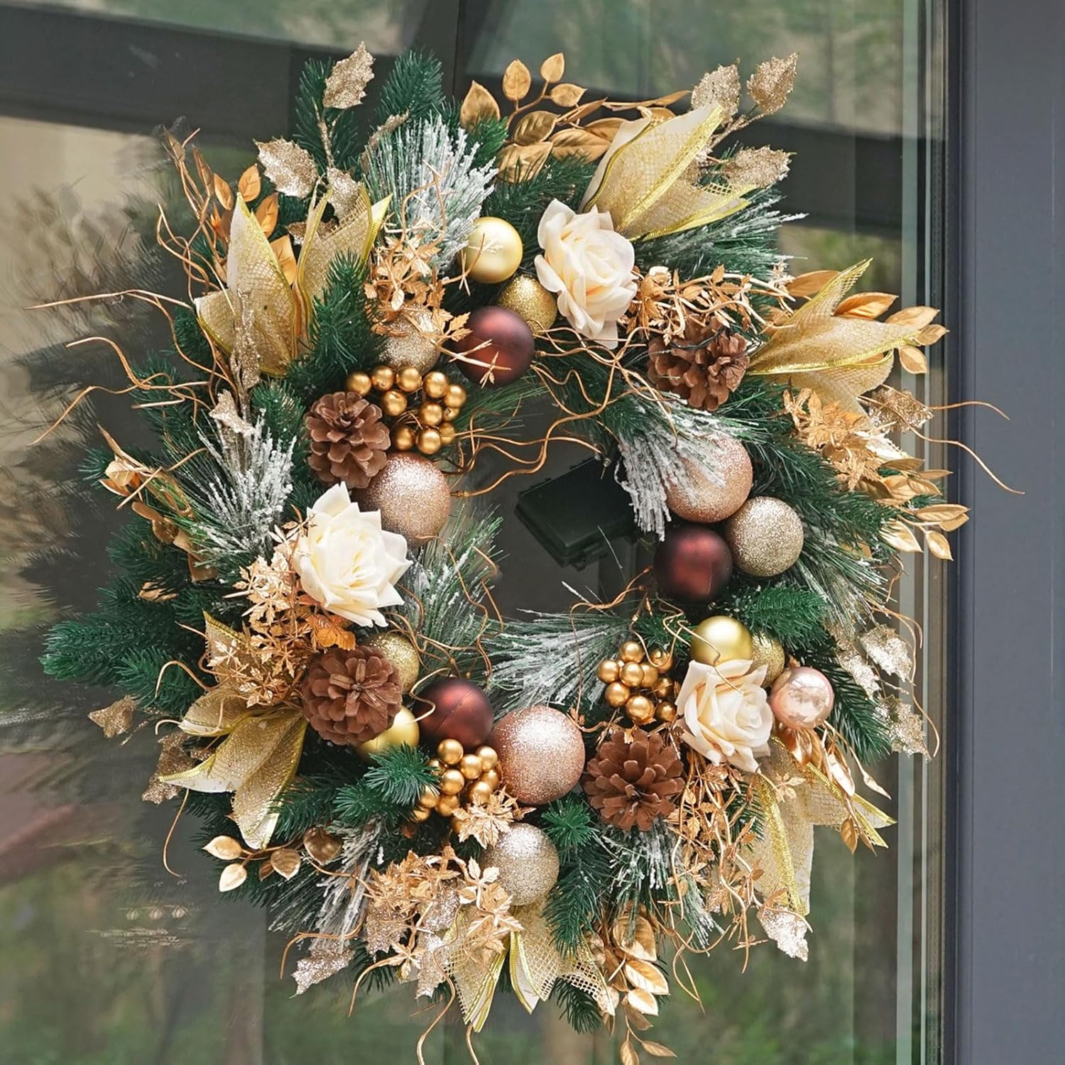 Christmas Wreaths for Front Door with Lights Pre-Lit 24 Inch Champagne Gold Door Wreath with Ball Ornaments, Rose Battery Operated Holiday Thanksgiving Christmas Wreath Decor